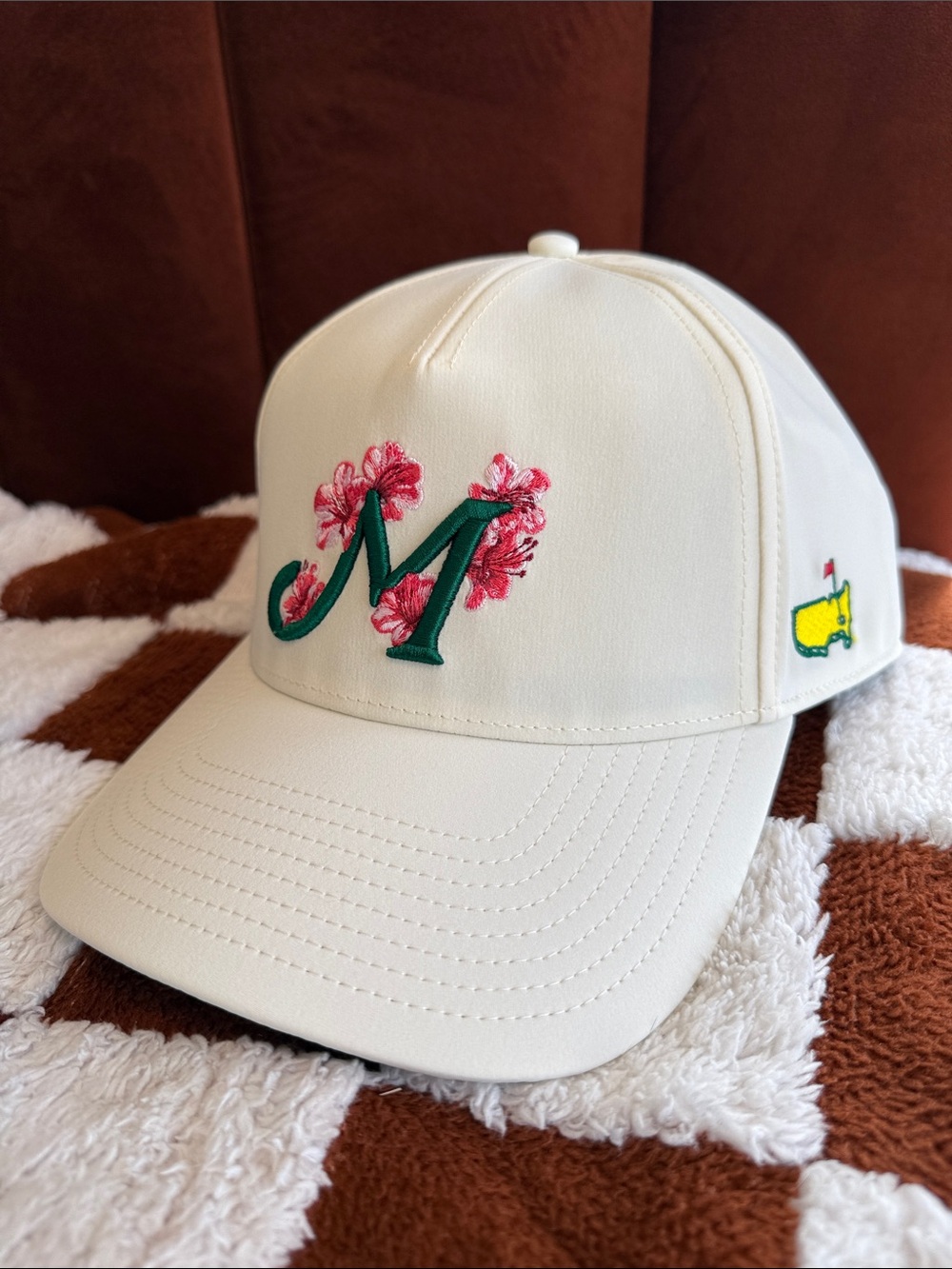 Masters Cream Baseball Cap with Green 'M' and Pink Floral Embroidery